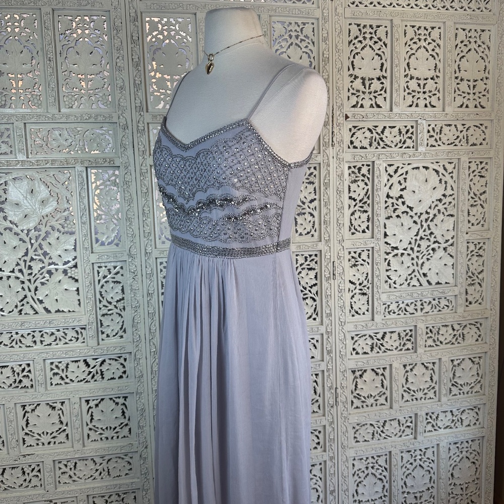 Adrianna Papell Gray Sequin Beaded Fairy Formal Flowy Chiffon Long Gown Sz Small - Picture 4 of 9